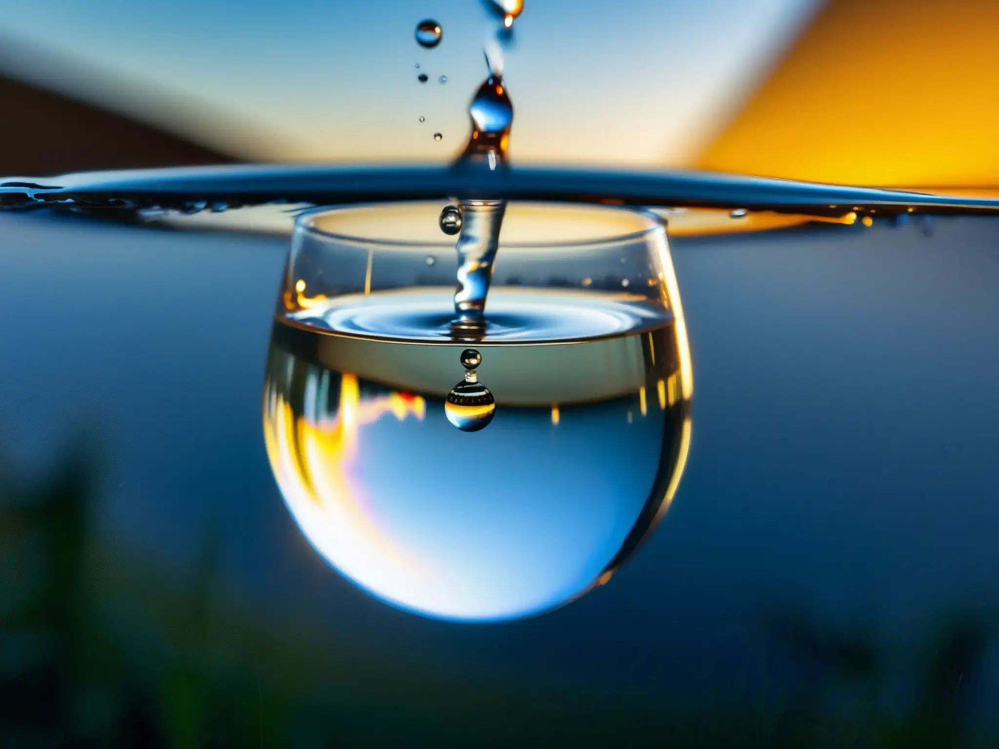 Gotas de agua impactan en vaso, creando ondas y reflejos