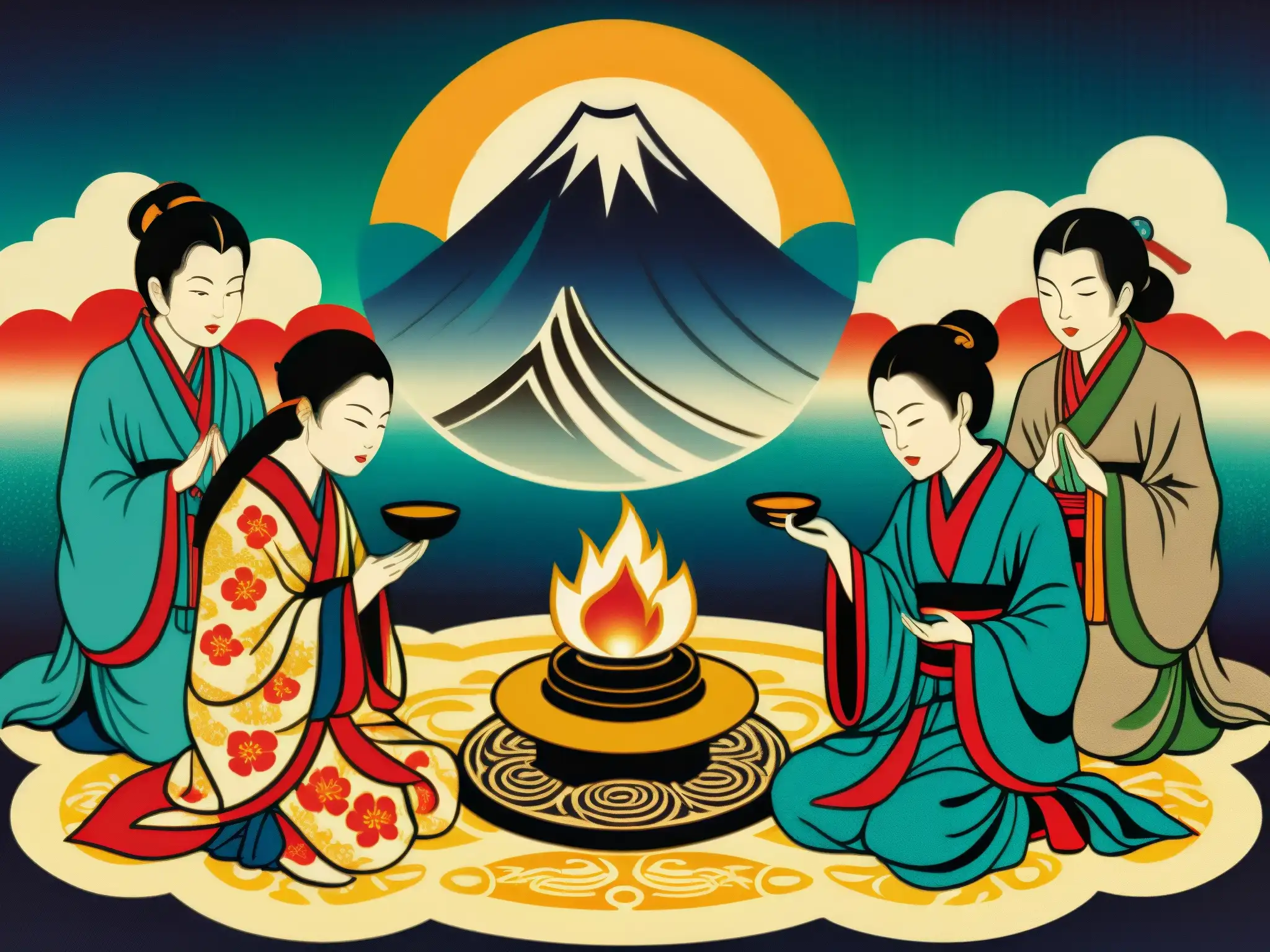 Un grabado detallado de shikigami y un chamán japonés en un ritual