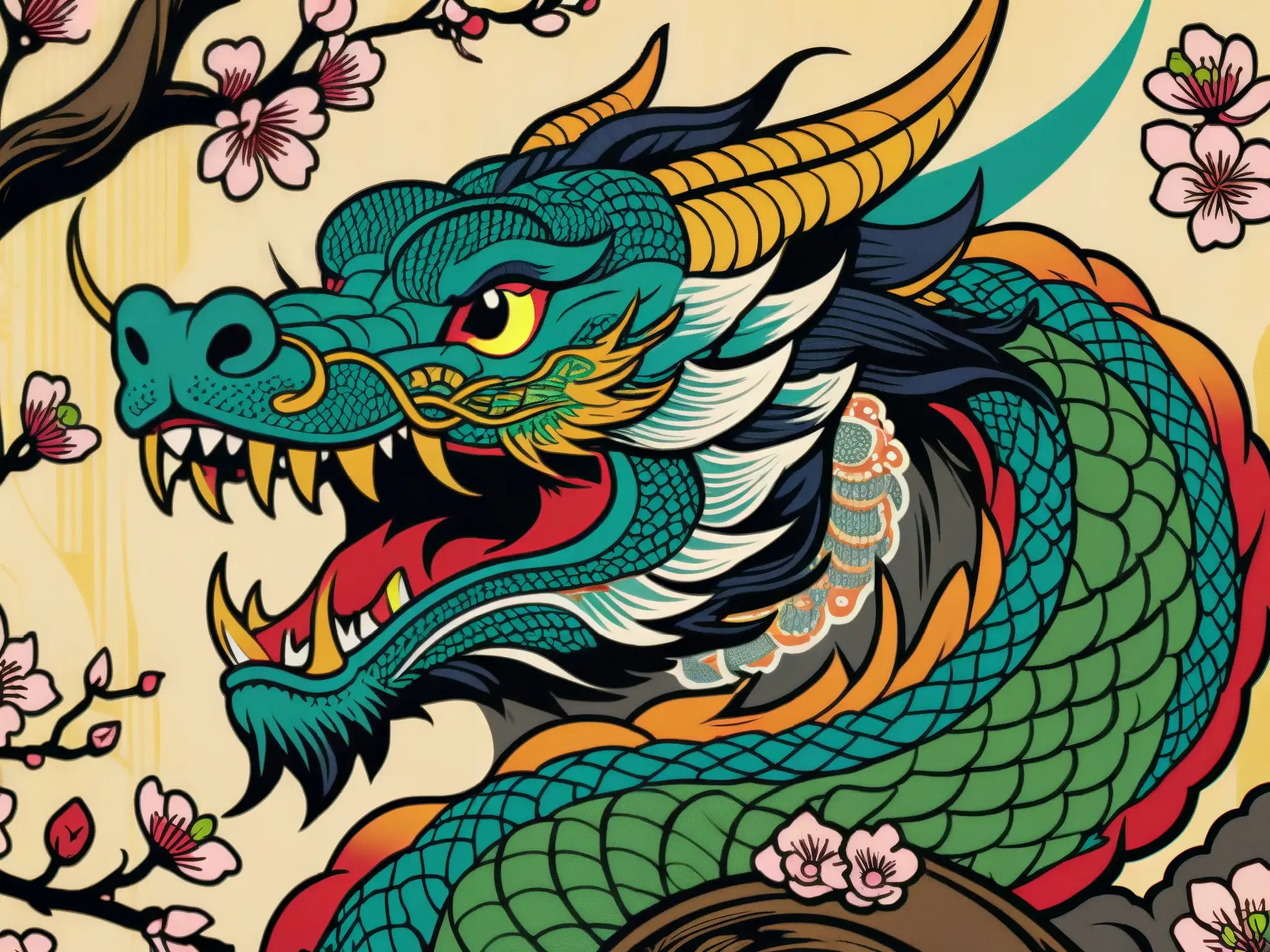 Un grabado detallado muestra un majestuoso dragón japonés enroscado alrededor de un cerezo en flor