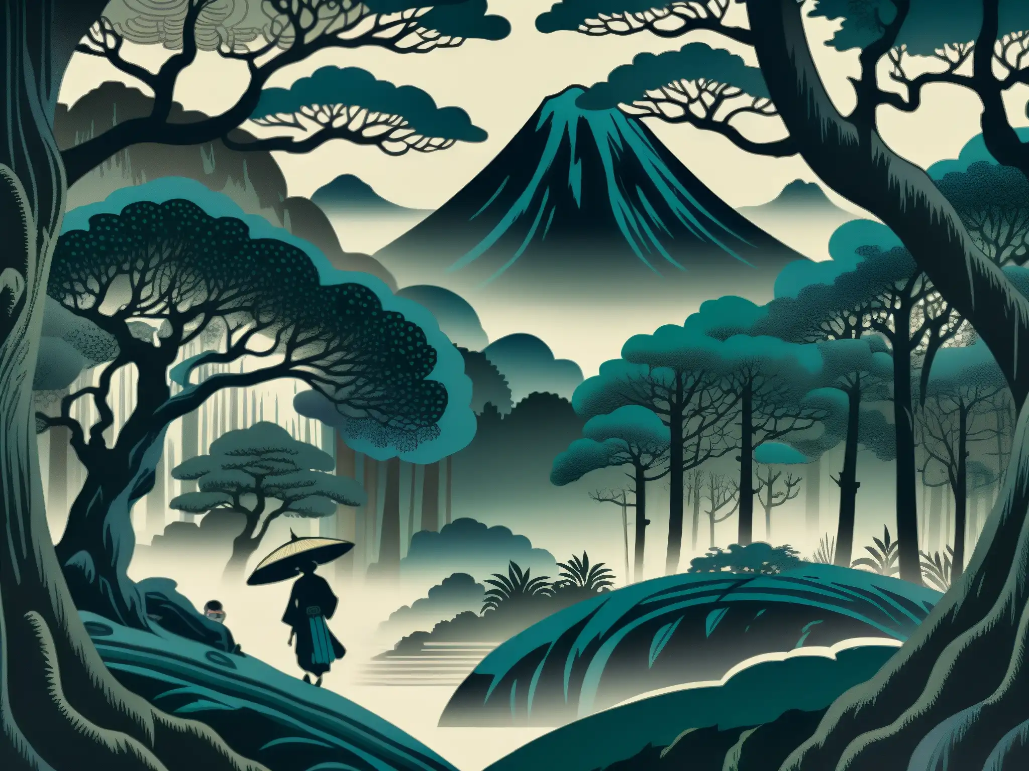 Un grabado detallado de un yokai en un bosque oscuro y neblinoso