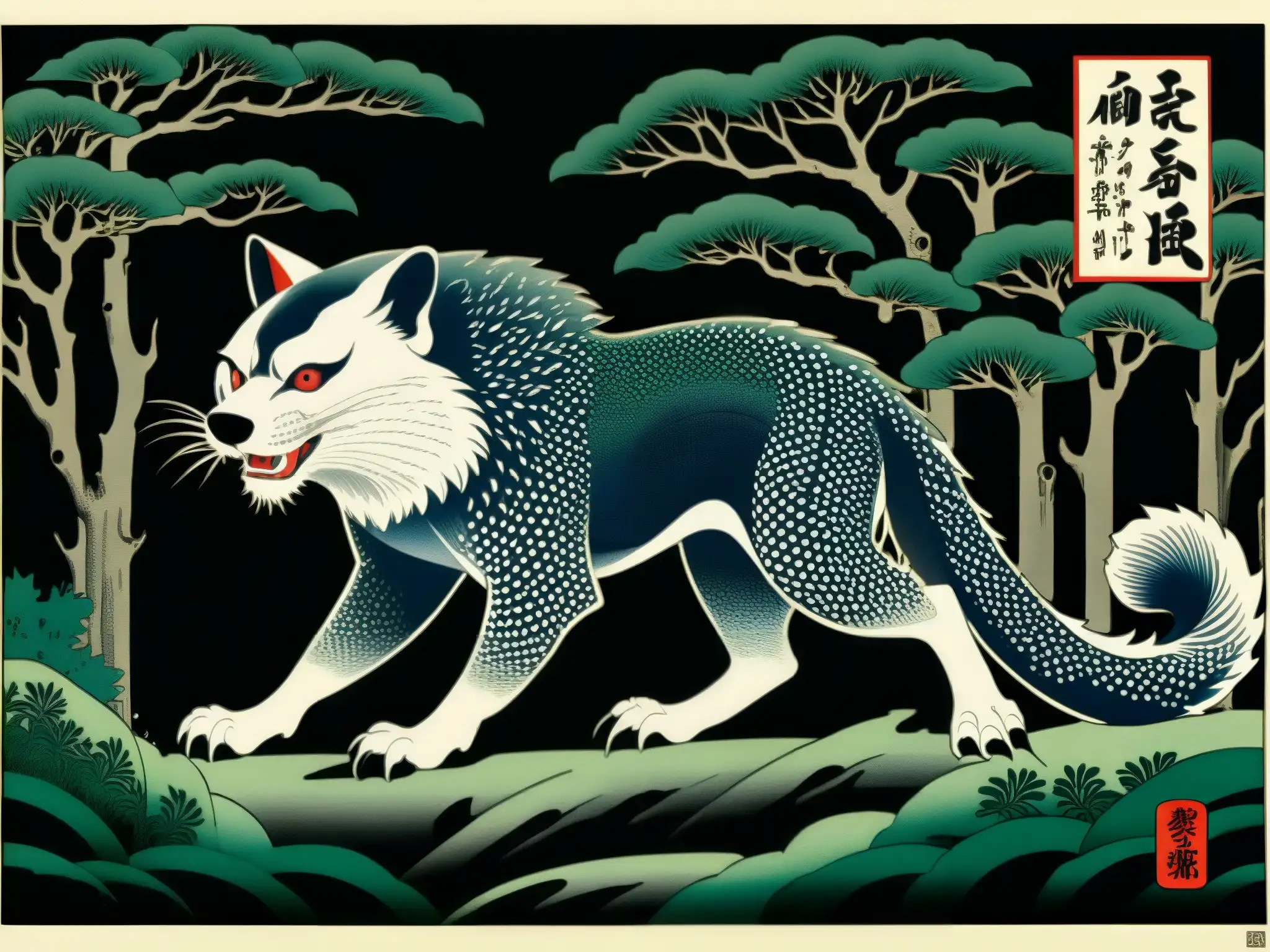 Un grabado en madera japonés detalla un Mujina, criatura mítica, en un bosque sereno