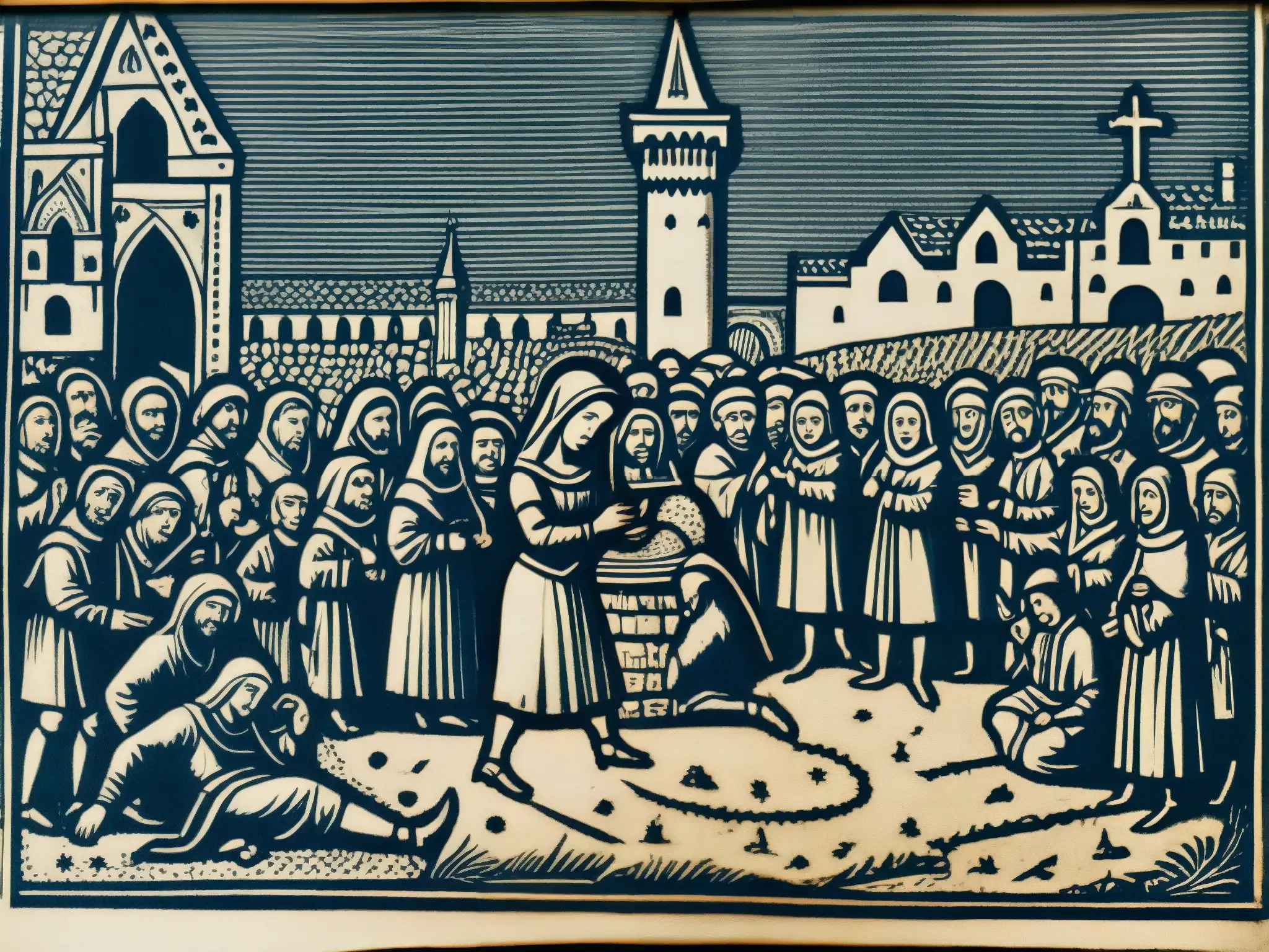 Una grabado medieval de una mujer con herraduras en las manos, rodeada de observadores y figuras religiosas en una plaza