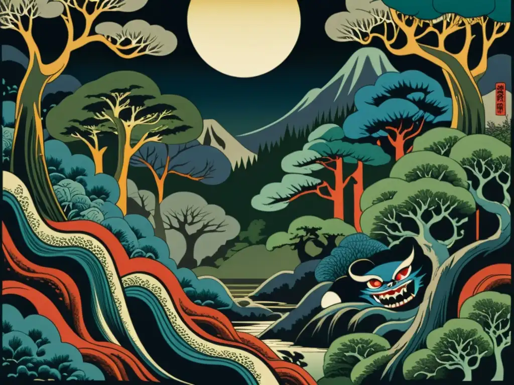 Un grabado tradicional japonés muestra yokai entre árboles en un bosque oscuro, con detalles intrincados y colores terrosos