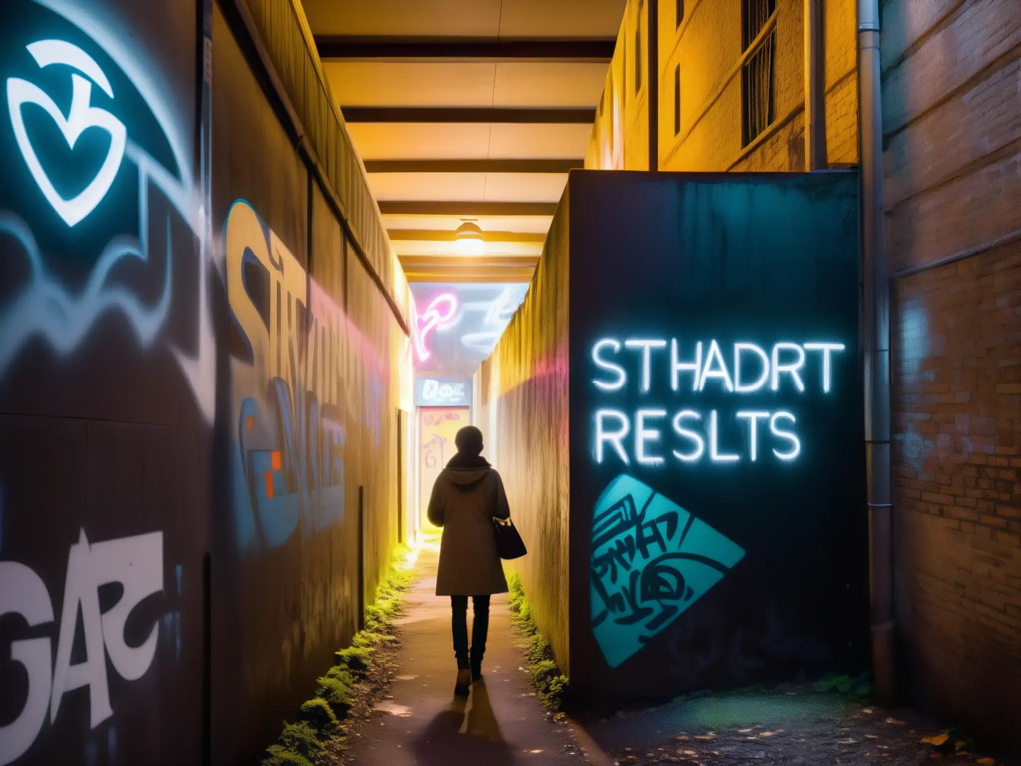 Alleyway con grafitis iluminado por smartphone, figura misteriosa