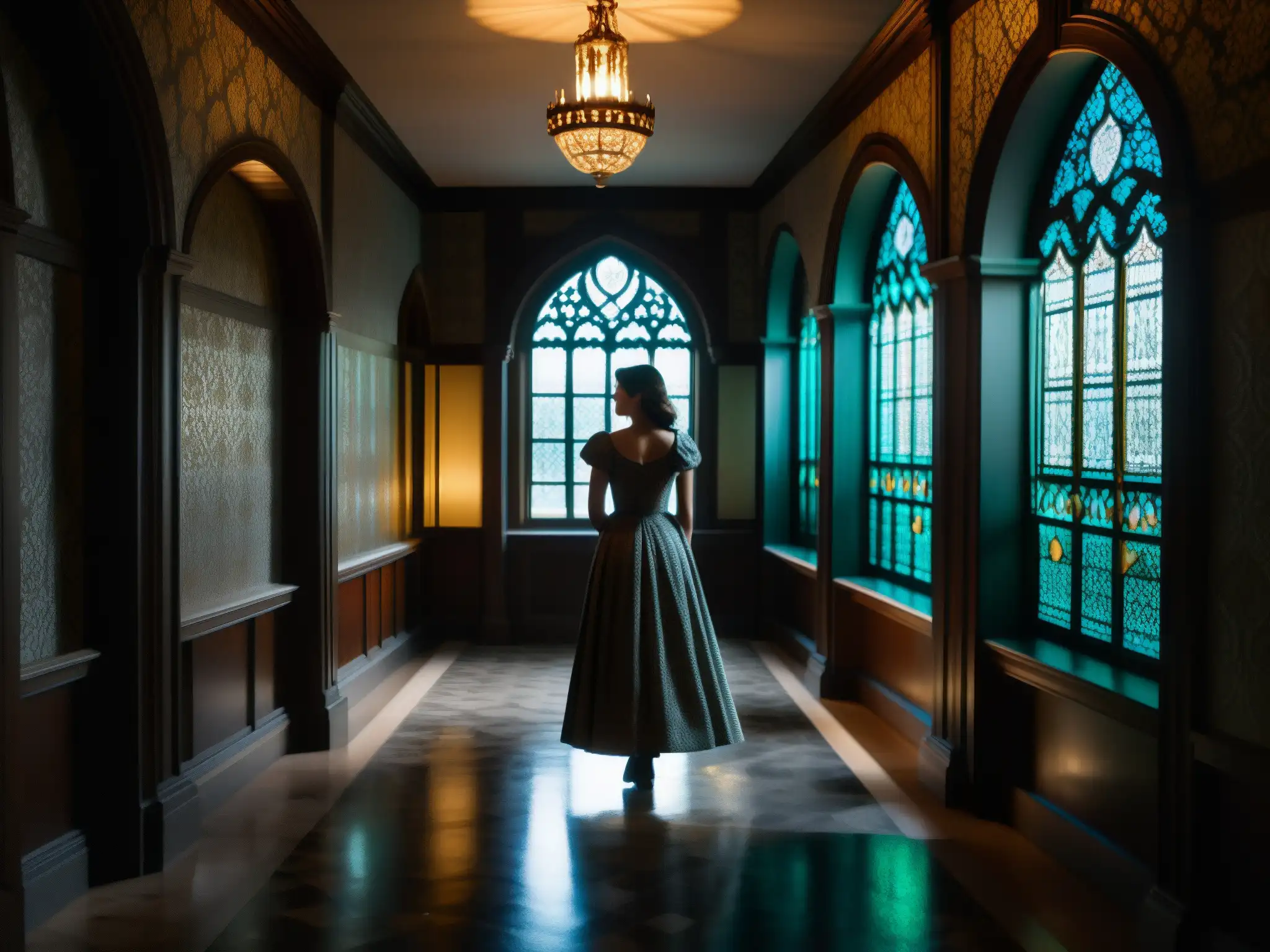Fantasmagórica Dama Gris en Castillo Casa Loma, misteriosa y evocadora atmósfera histórica
