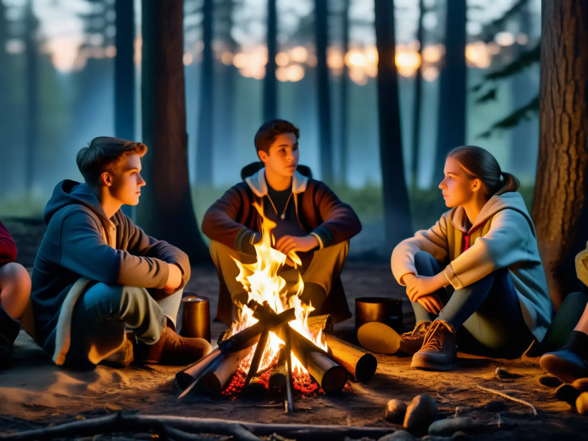 Un grupo de adolescentes se reúne alrededor de una fogata en el bosque, mientras uno de ellos cuenta una historia escalofriante