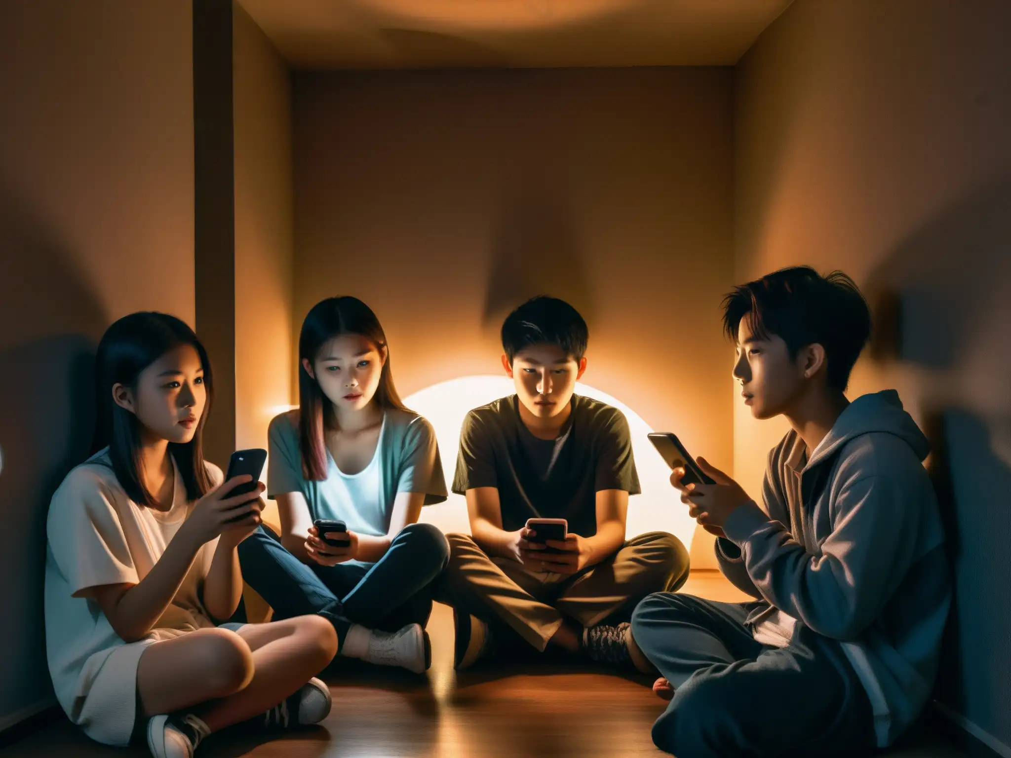 Grupo de adolescentes reviviendo leyendas urbanas japonesas con smartphones en una habitación tenue, creando una atmósfera inmersiva y perturbadora