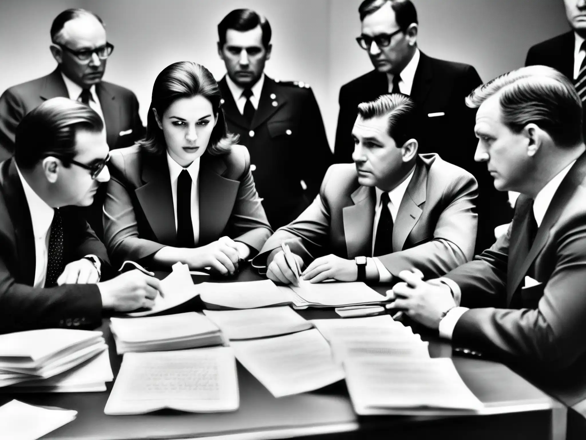 Un grupo de agentes de la CIA discute en torno a documentos en una imagen de archivo en blanco y negro