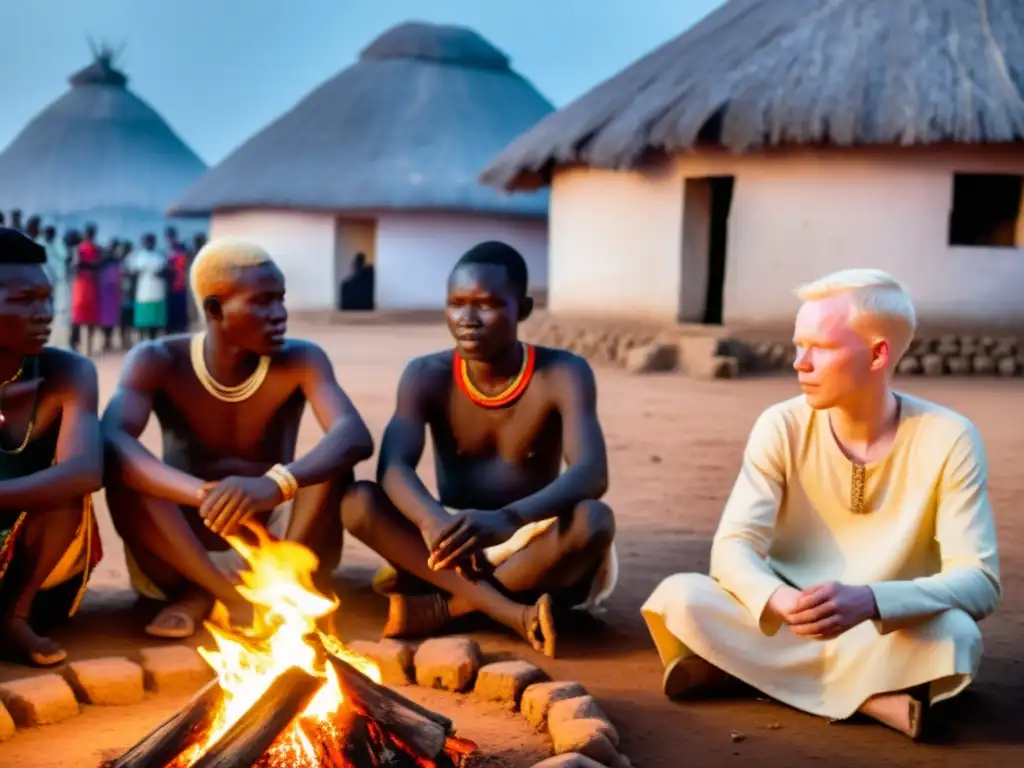 Grupo de albinos en culto secreto, África Occidental: ceremonia con fuego sagrado y coloridas vestimentas
