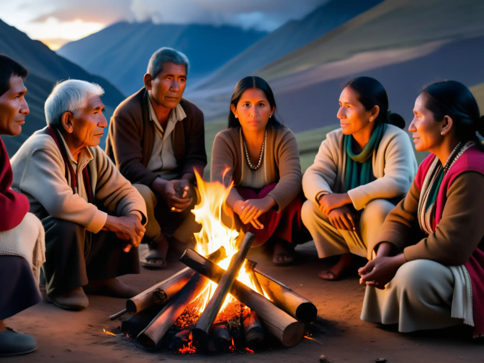 Grupo de aldeanos Andinos escuchando atentamente a un anciano contar el mito Andino de La Viuda de Negro alrededor de una fogata