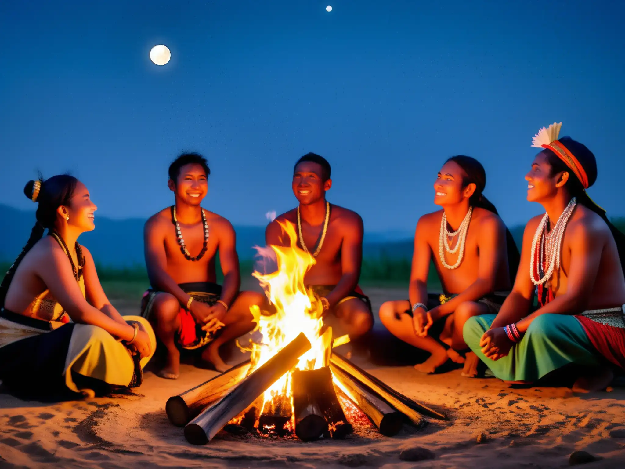 Un grupo de aldeanos se reúne alrededor de una fogata, realizando un baile ceremonial bajo el cielo iluminado por la luna