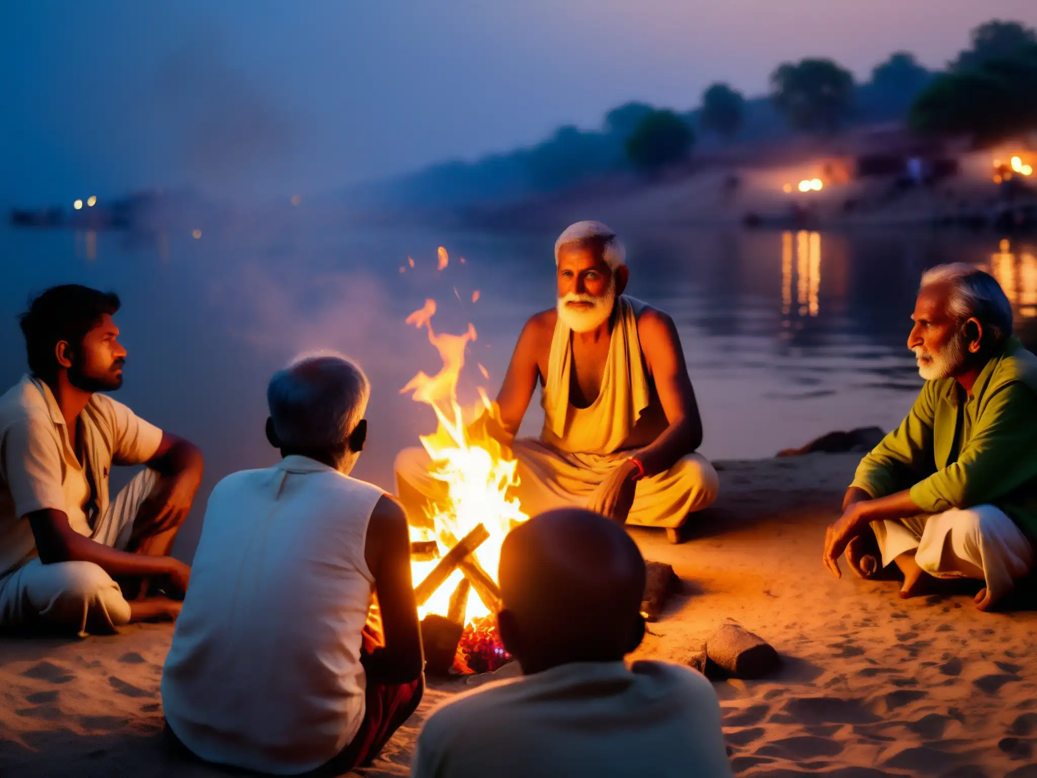 Grupo de aldeanos escuchando leyendas urbanas junto al río Ganges en la oscuridad de la noche