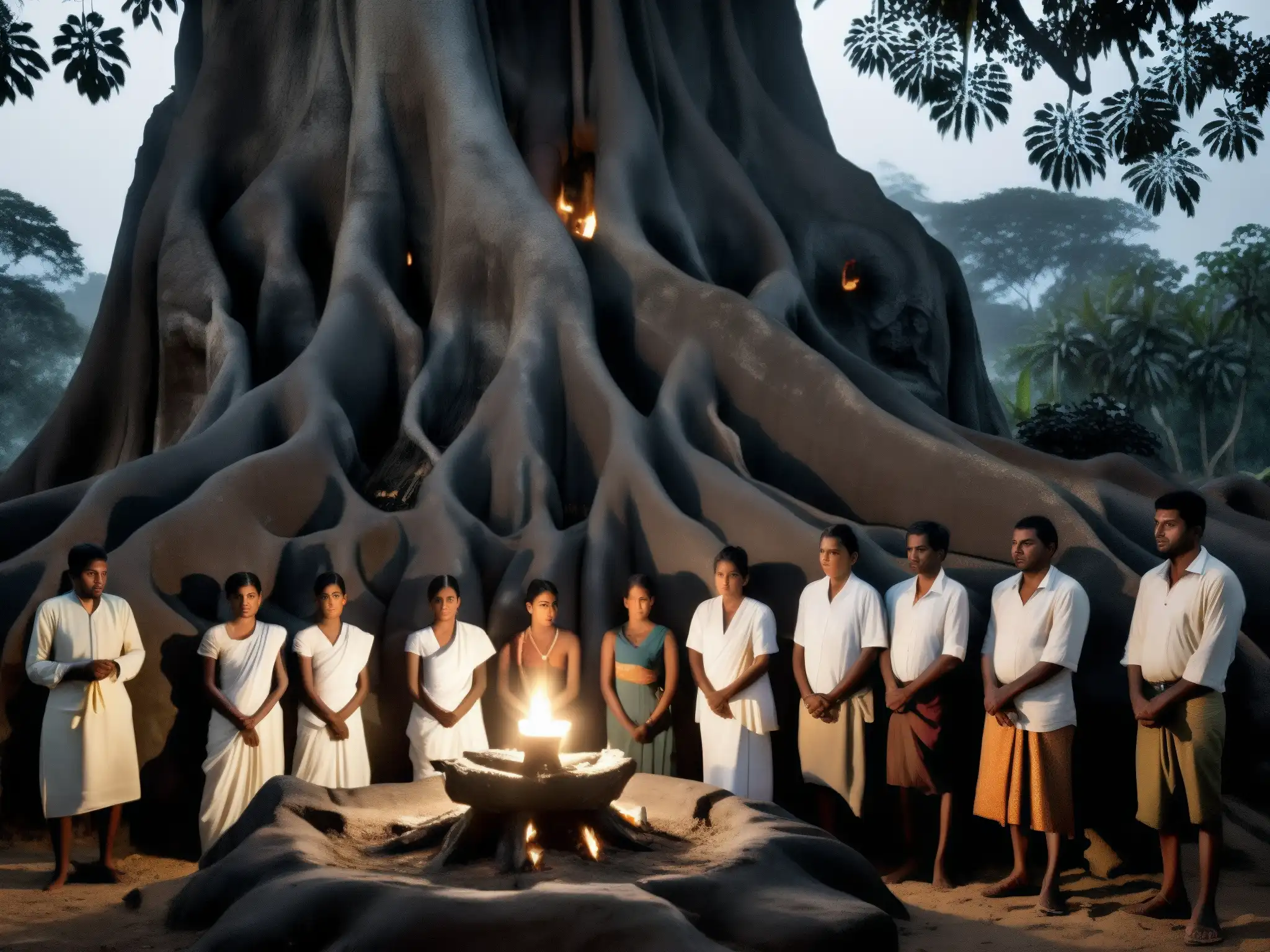 Grupo de aldeanos en Sri Lanka realizando un ritual bajo un árbol sagrado, iluminados por velas