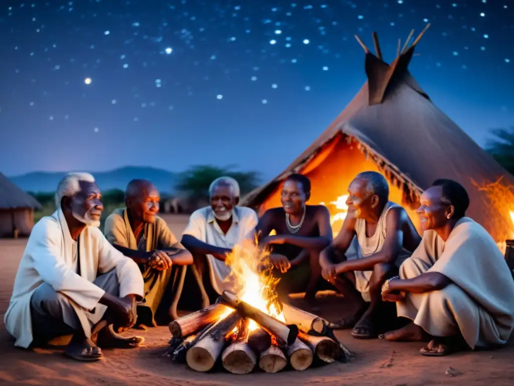 Un grupo de ancianos africanos comparte leyendas alrededor del fuego, reflejando creencias ancestrales en leyendas urbanas africanas