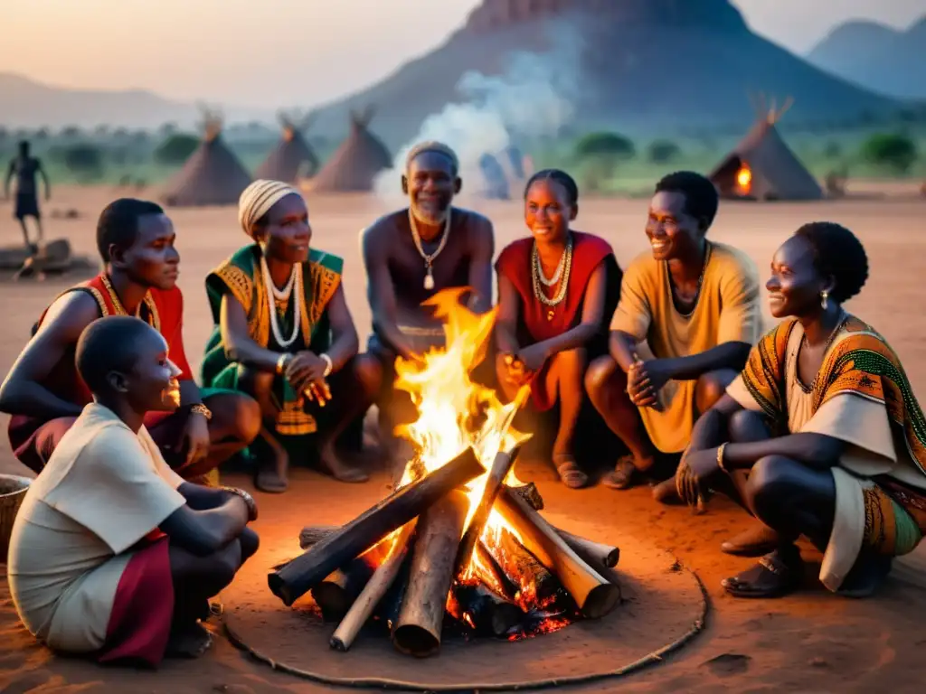 Un grupo de ancianos en una aldea africana, iluminados por el resplandor del fuego, comparten historias de hechicería en leyendas urbanas africanas