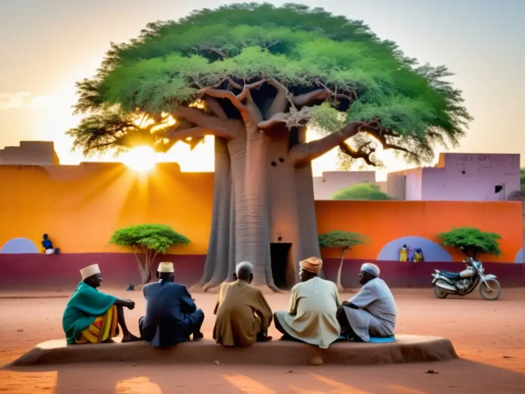 Un grupo de ancianos conversando bajo un baobab en Bamako, con murales de espíritus ancestrales que añaden misticismo a las calles