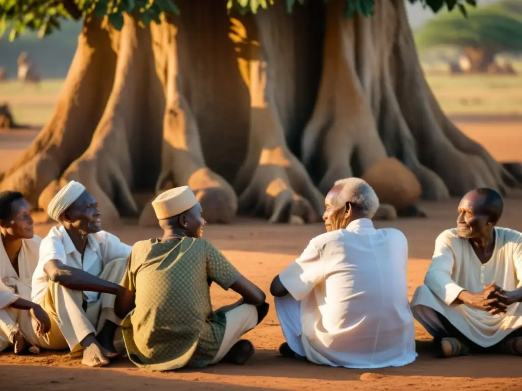 Grupo de ancianos burundeses bajo árbol ancestral, relatan rituales ancestrales en leyendas urbanas al atardecer
