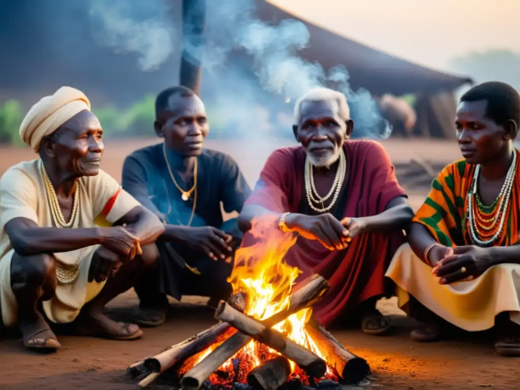 Un grupo de ancianos burundeses se reúne alrededor de una fogata, iluminados por el cálido resplandor