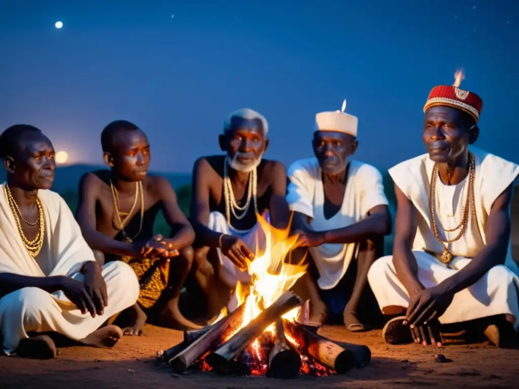 Grupo de ancianos burundeses compartiendo rituales ancestrales en leyendas urbanas alrededor de una fogata bajo el cielo nocturno