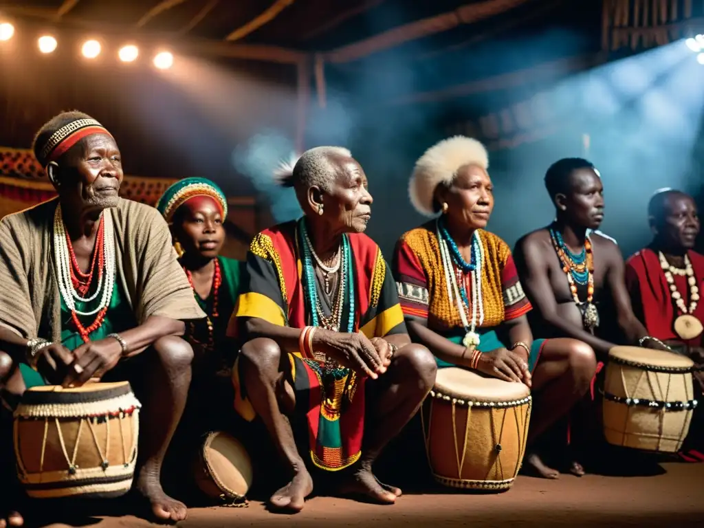 Un grupo de ancianos de la comunidad Kakamega en Kenia realiza un ritual ancestral con vestimenta tradicional en un entorno atmosférico y tenue