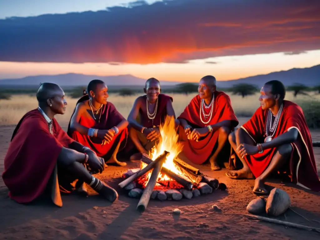 Un grupo de ancianos Maasai comparte leyendas urbanas en torno a una fogata al anochecer, con sus shukas rojas resplandeciendo en el fuego