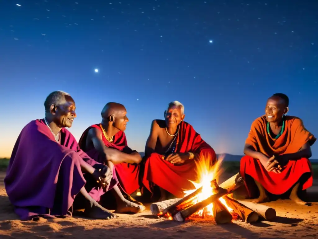 Grupo de ancianos Maasai contando leyendas urbanas de Kenia junto al fuego bajo el cielo estrellado