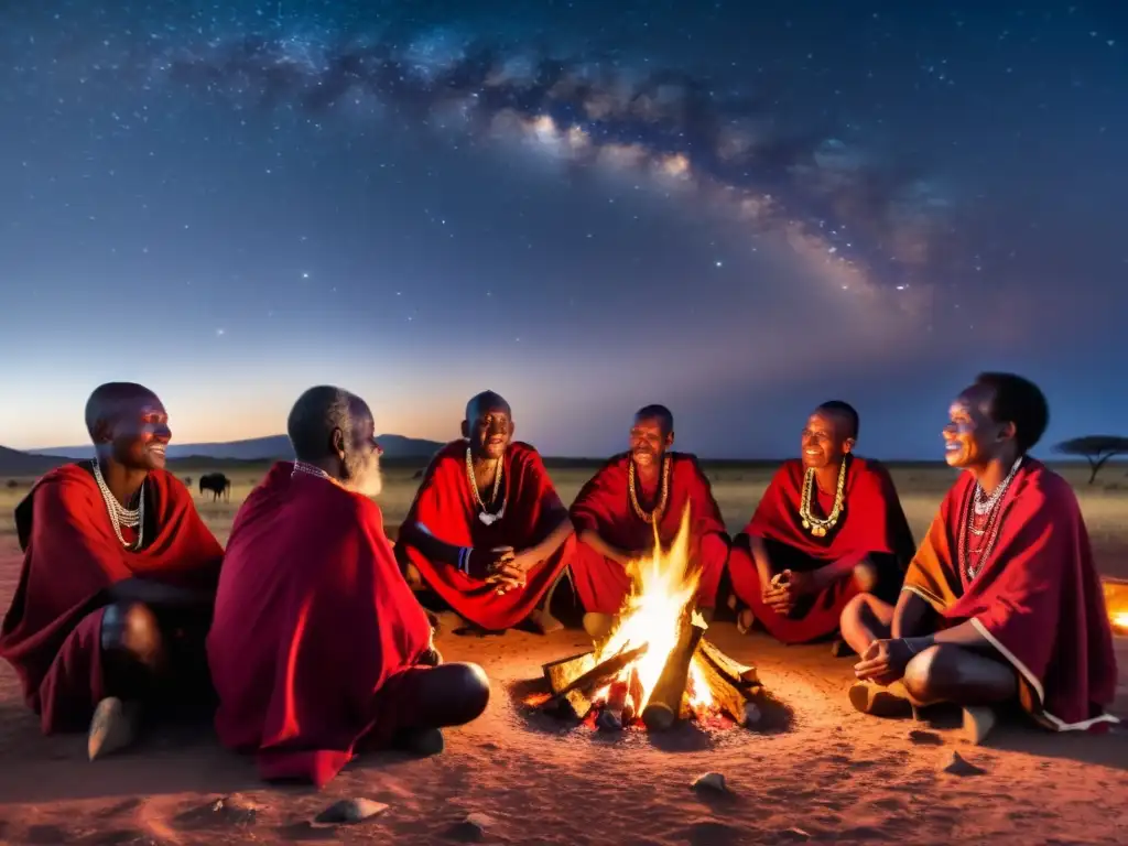 Grupo de ancianos Maasai cuentan leyendas urbanas de Kenia alrededor de fogata bajo el cielo estrellado de la sabana africana