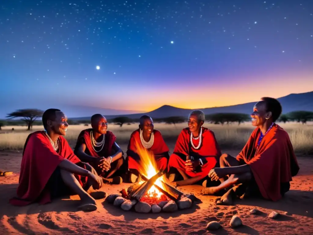Grupo de ancianos Maasai compartiendo leyendas urbanas de Kenia alrededor de la fogata bajo el cielo estrellado, con expresiones atentas