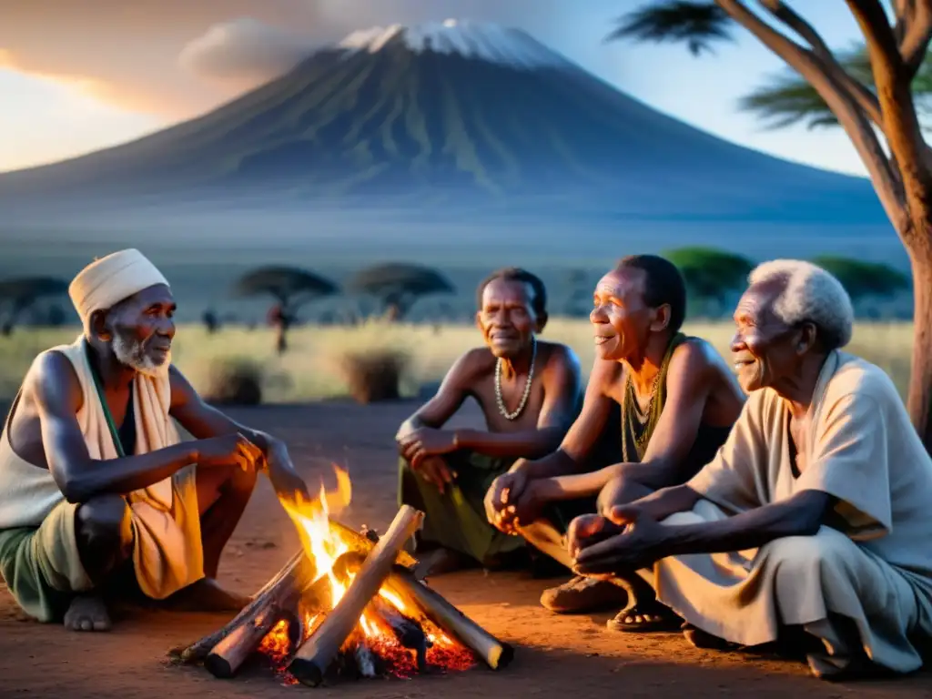 Grupo de ancianos Chagga contando mitos y rituales alrededor del fuego, la luz cálida ilumina sus rostros arrugados en la base del Kilimanjaro