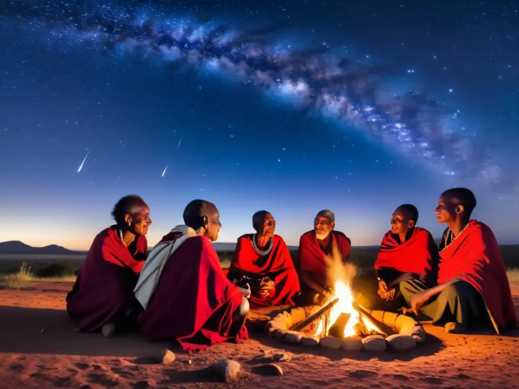 Grupo de ancianos Maasai comparten mitos urbanos sobre astronomía bajo las estrellas en Kenia, con los menhires de Namoratunga al fondo