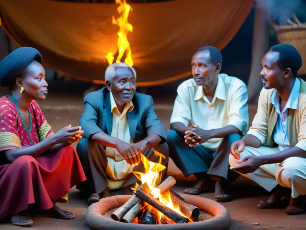 Un grupo de ancianos escucha atentamente a un narrador de leyendas urbanas sobre el último rey de Ruanda junto a una fogata en las colinas verdes al atardecer