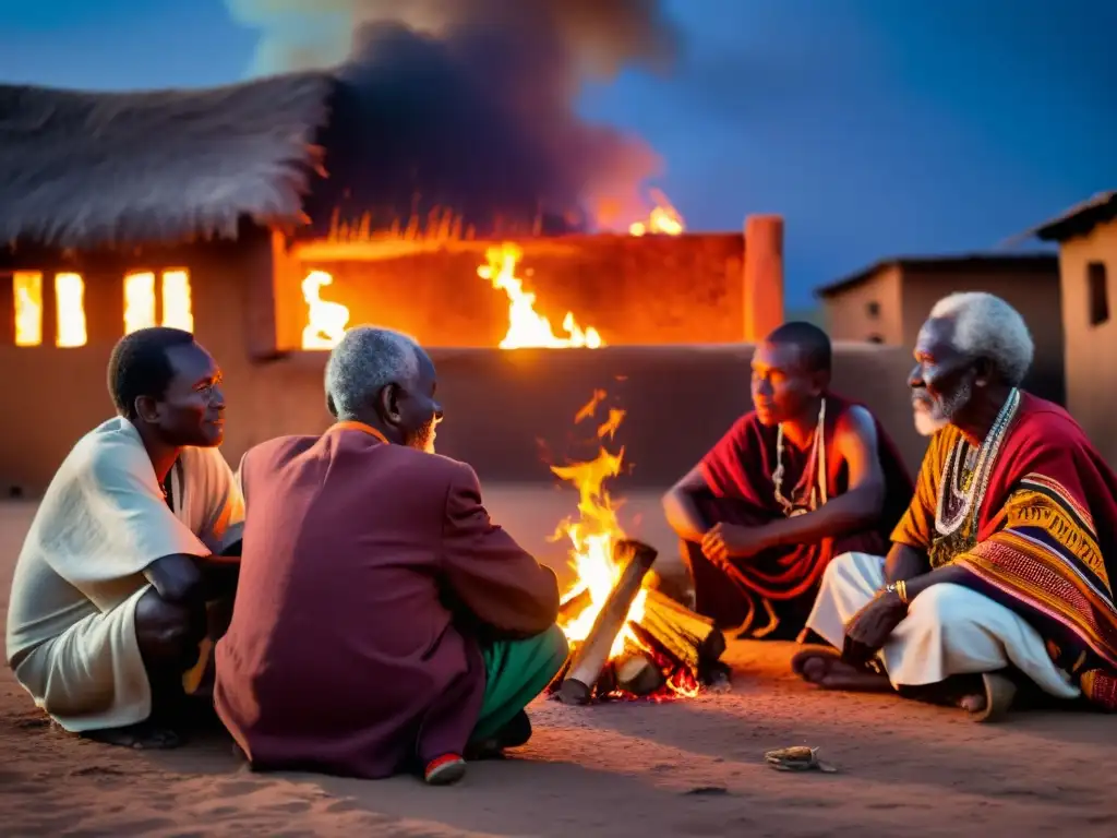 Grupo de ancianos comparten profecías urbanas africanas alrededor del fuego en la ciudad, con colores vibrantes y misterio ancestral