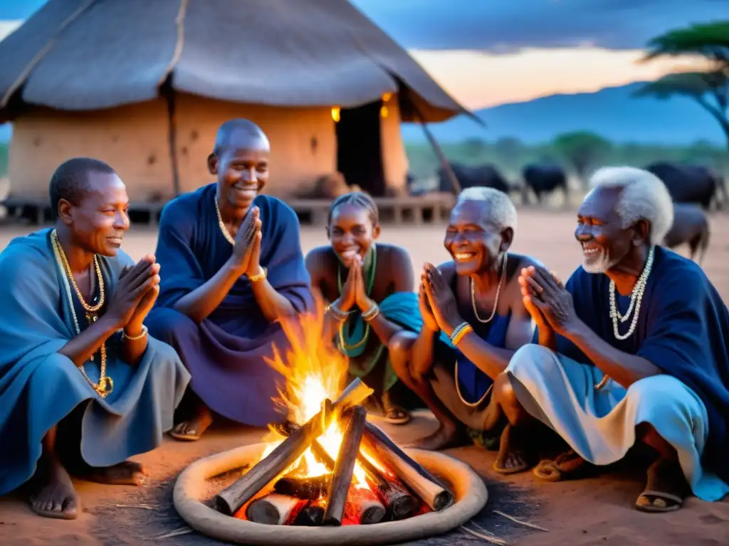 Grupo de ancianos Swahili reunidos alrededor del fuego, realizando un ritual tradicional bajo el cielo estrellado