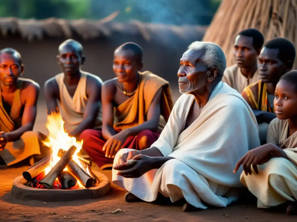 Grupo de ancianos comparte rituales ancestrales y leyendas urbanas alrededor de una fogata en la noche estrellada de un pueblo africano
