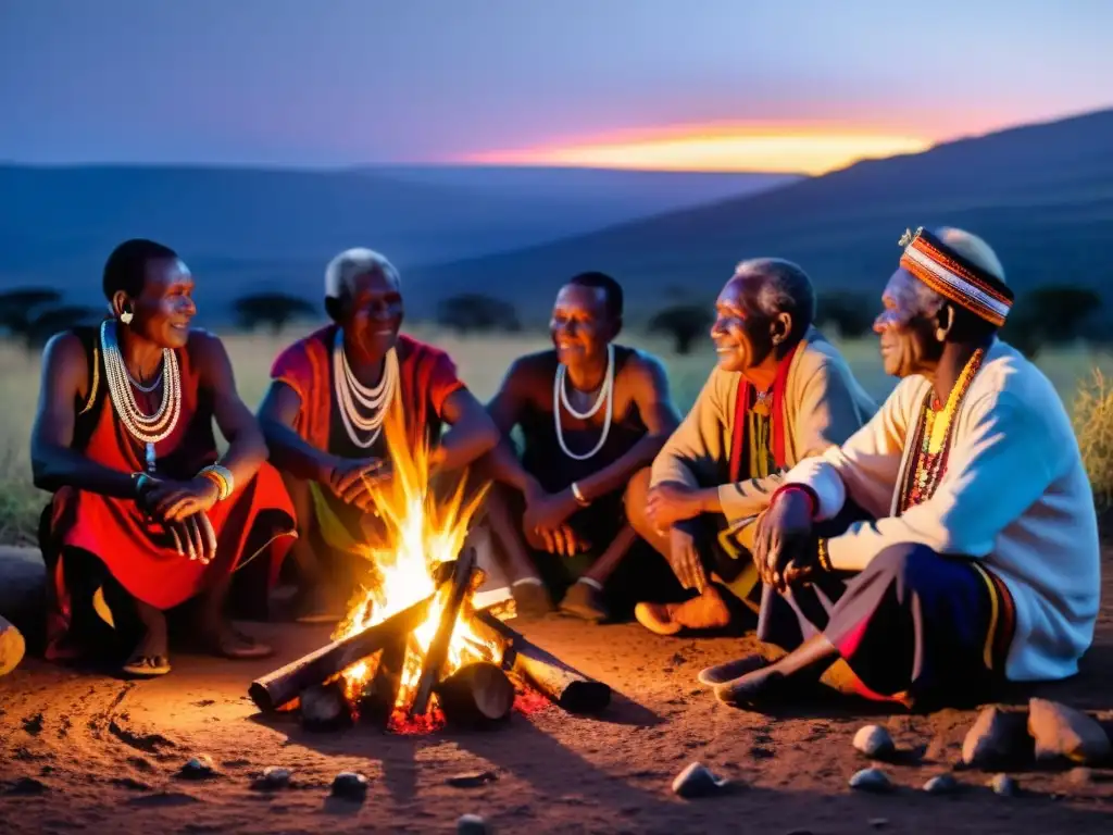 Grupo de ancianos de la tribu Nandi en Kenia, reunidos alrededor de una fogata, compartiendo historias del mítico Nandi Bear