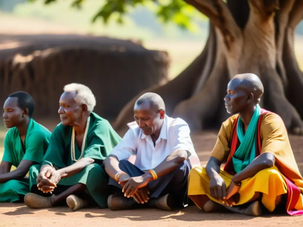 Un grupo de ancianos vestidos con atuendos tradicionales burundeses realiza un ritual bajo un árbol antiguo