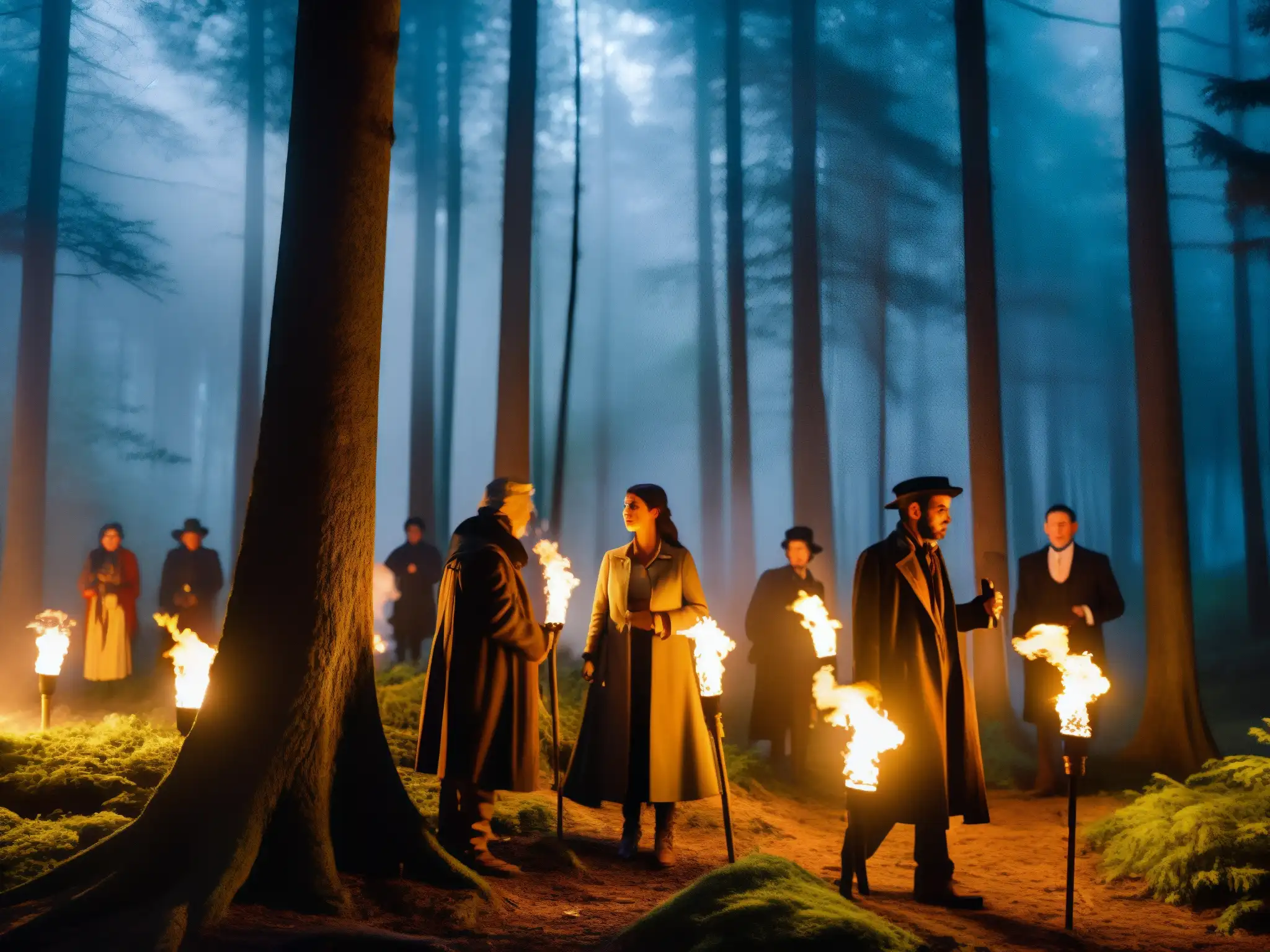 Un grupo busca entre los árboles en un bosque oscuro con antorchas, evocando una caza de brujas moderna