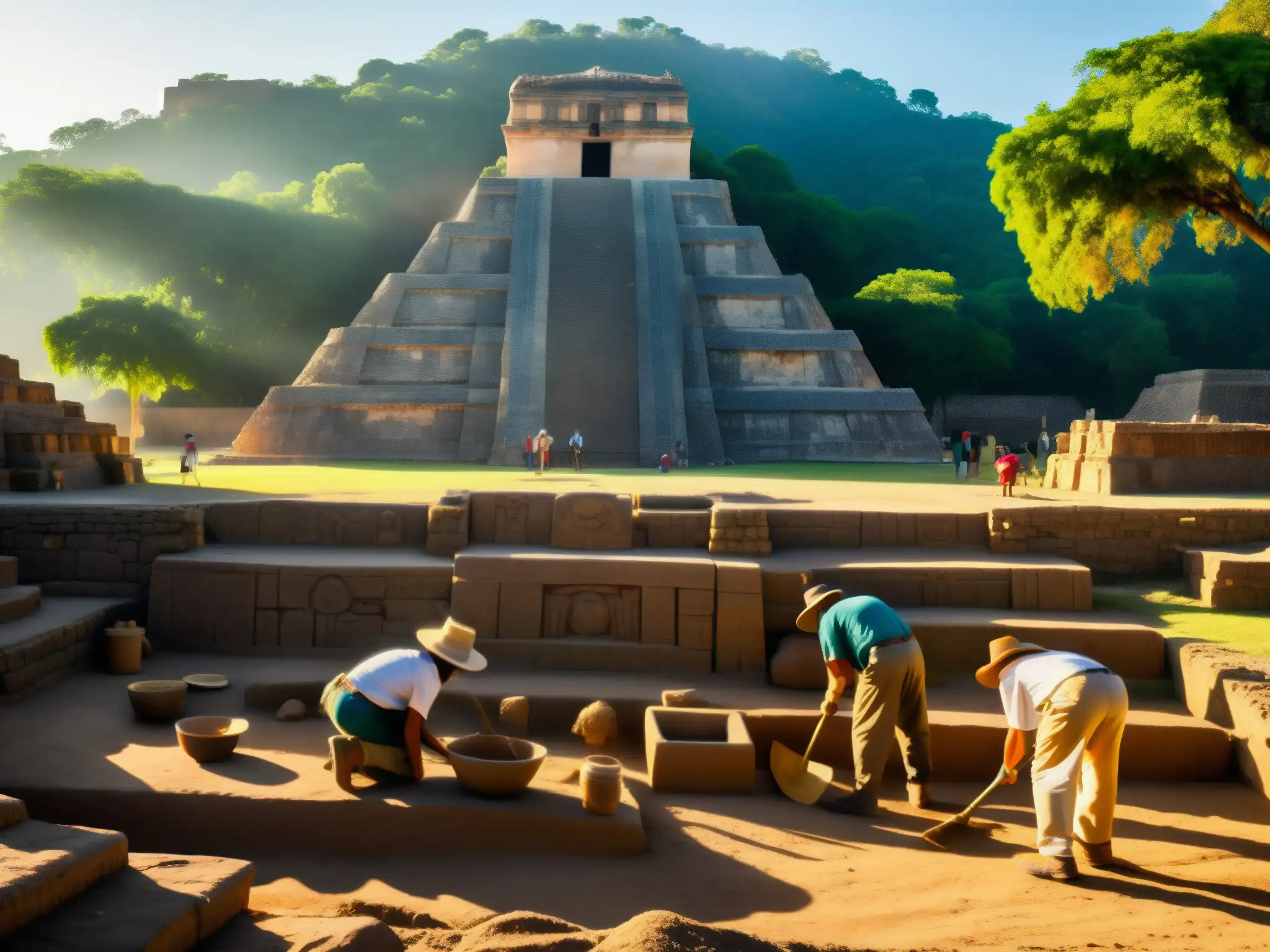 Un grupo de arqueólogos excava con cuidado en un sitio en México, con las ruinas de un templo azteca al fondo