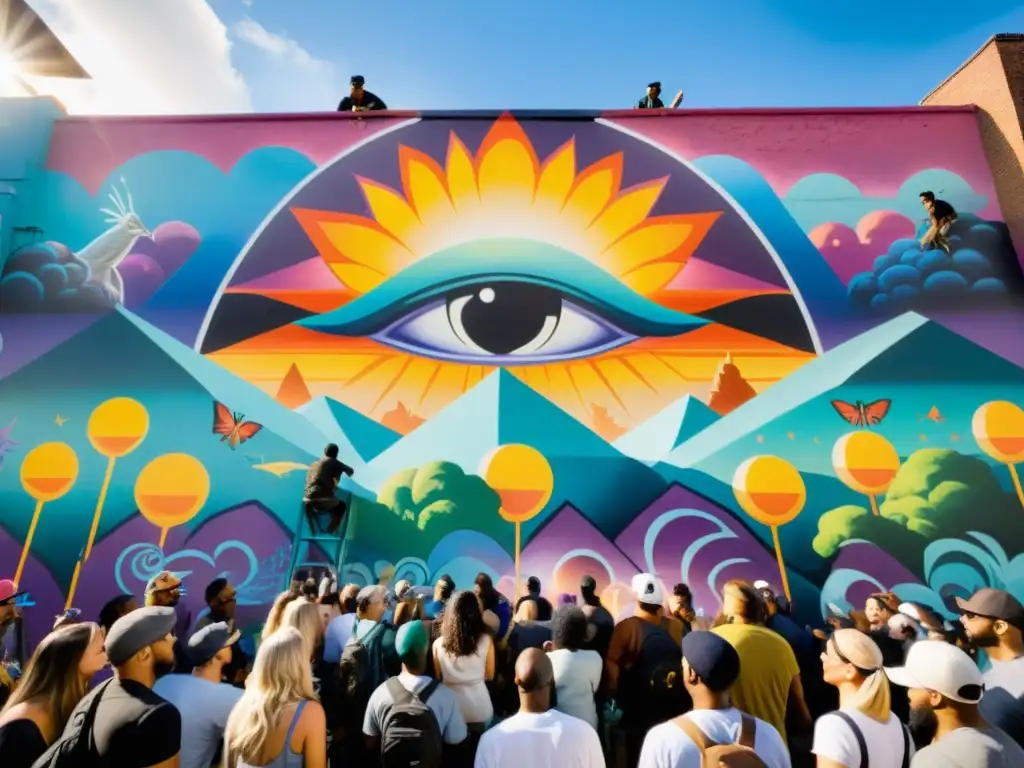 Un grupo de artistas urbanos crean encantamientos en la cultura urbana, rodeados de un mural colorido y místico