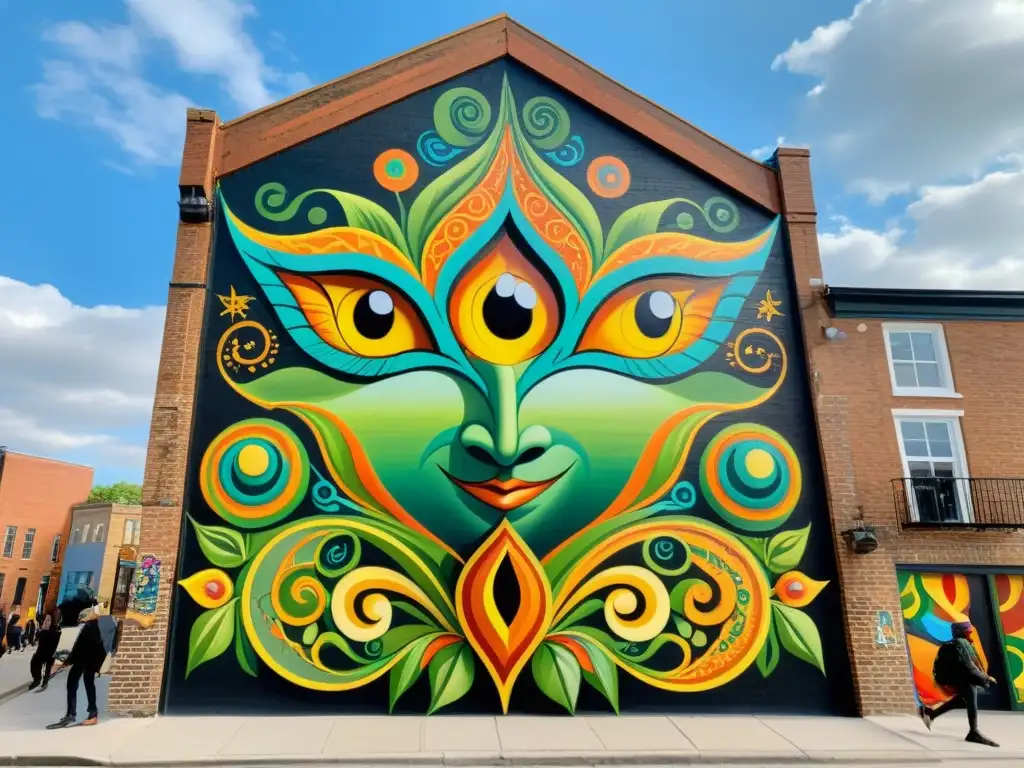 Un grupo de artistas urbanos creando un mural de seres encantados celtas en un edificio de ladrillo, infundiendo el folklore celta en la ciudad