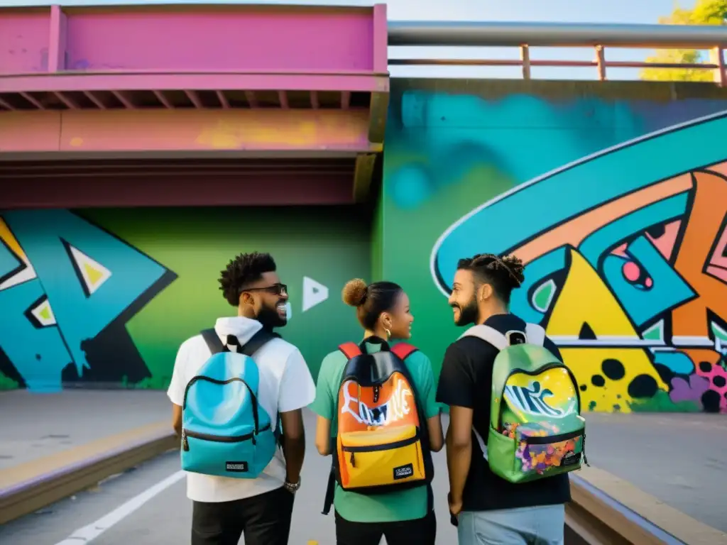 Grupo de artistas urbanos crean murales inspirados en encantamientos en la cultura urbana, bajo un puente graffiteado