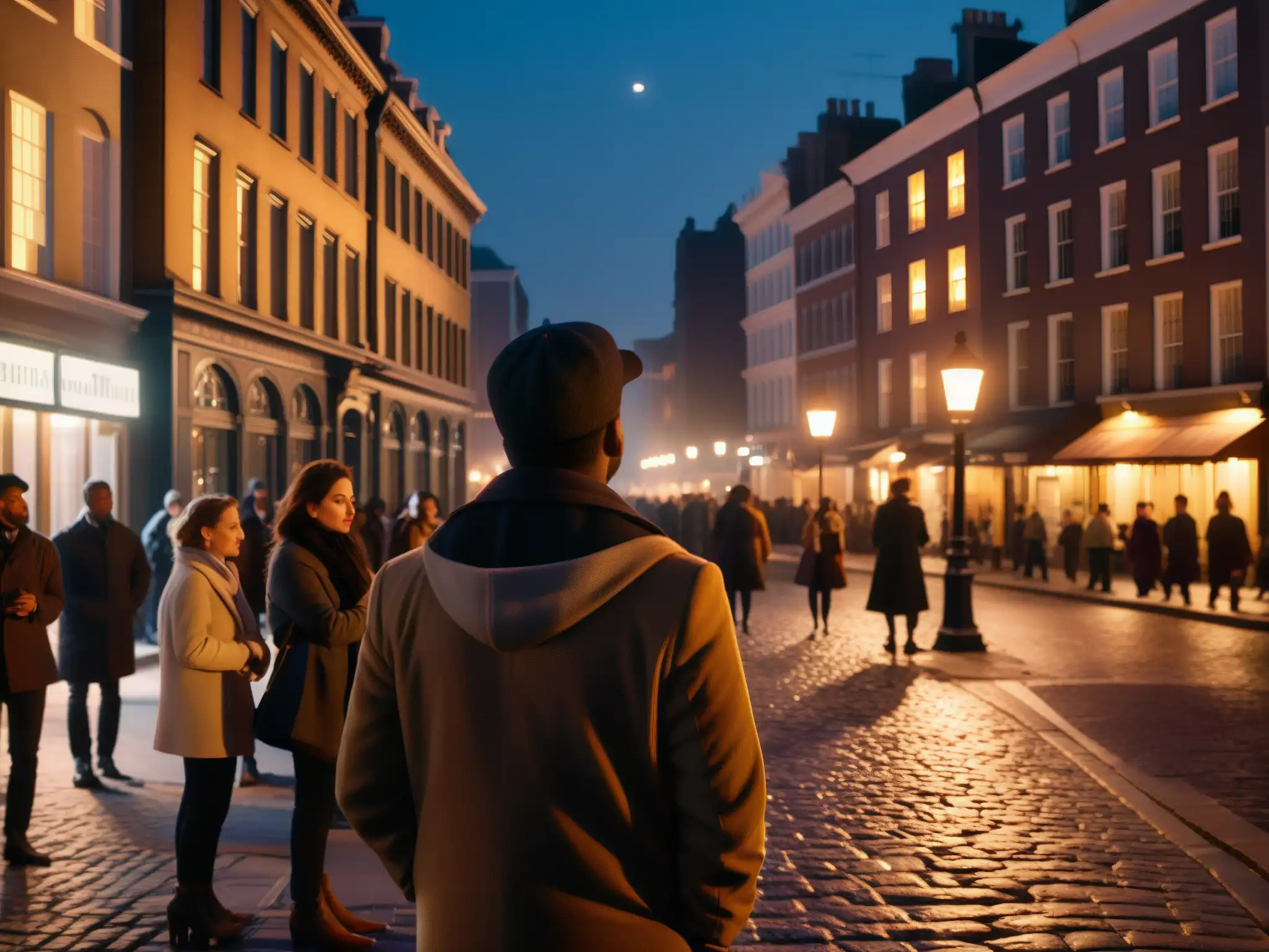 Un grupo escucha con atención a un narrador de leyendas urbanas bajo la luz de una farola en la misteriosa calle nocturna