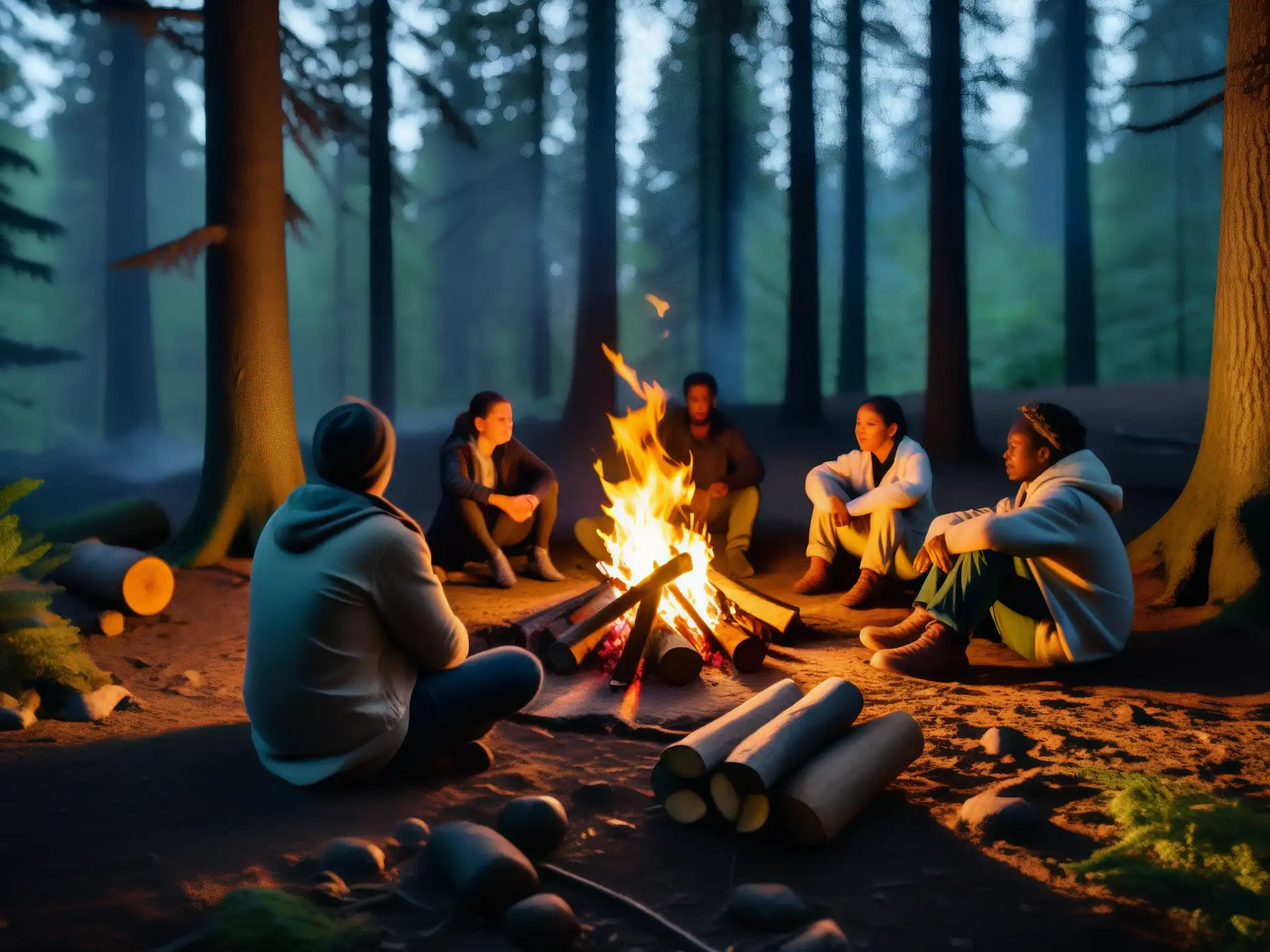 Un grupo escucha con atención al narrador de leyendas urbanas junto a una fogata en el bosque oscuro