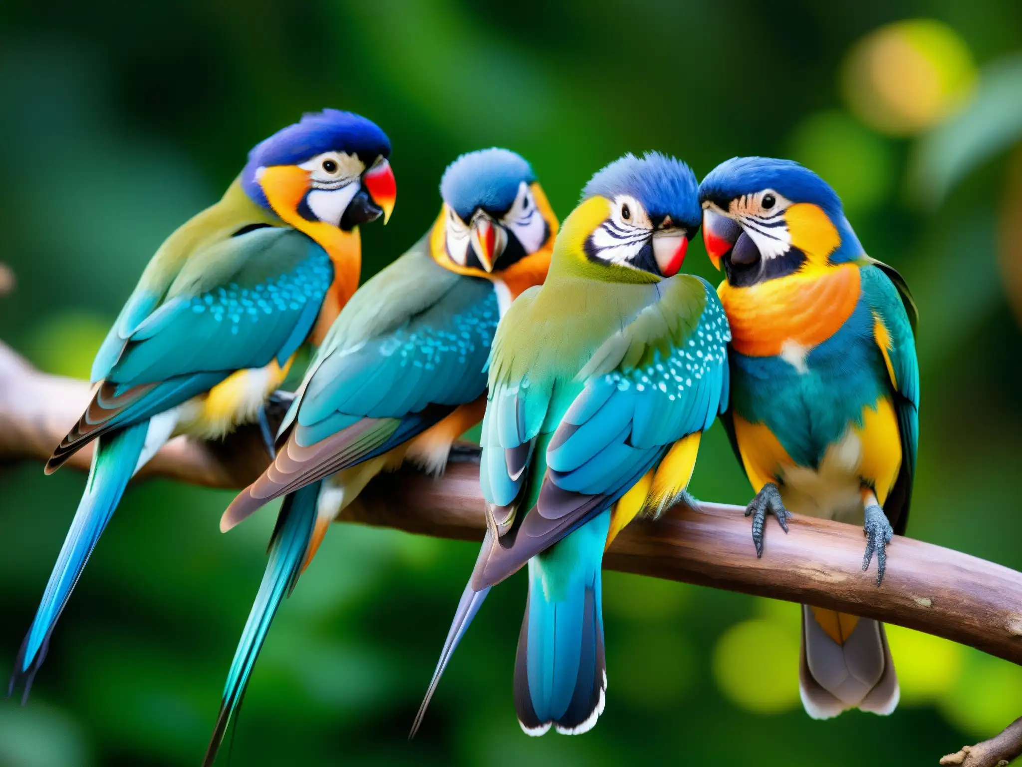Un grupo de aves exóticas y coloridas posadas en una rama, con plumajes brillantes y detallados