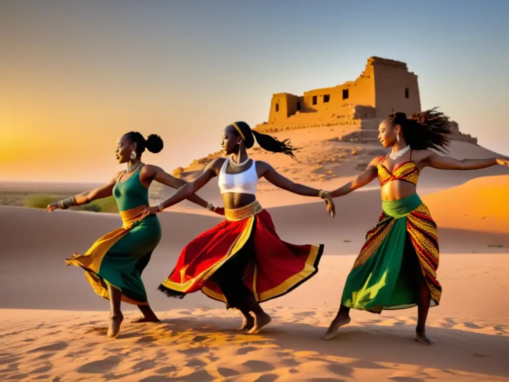 Un grupo de bailarines africanos, con trajes tradicionales vibrantes, danzando graciosamente en ruinas del desierto al atardecer