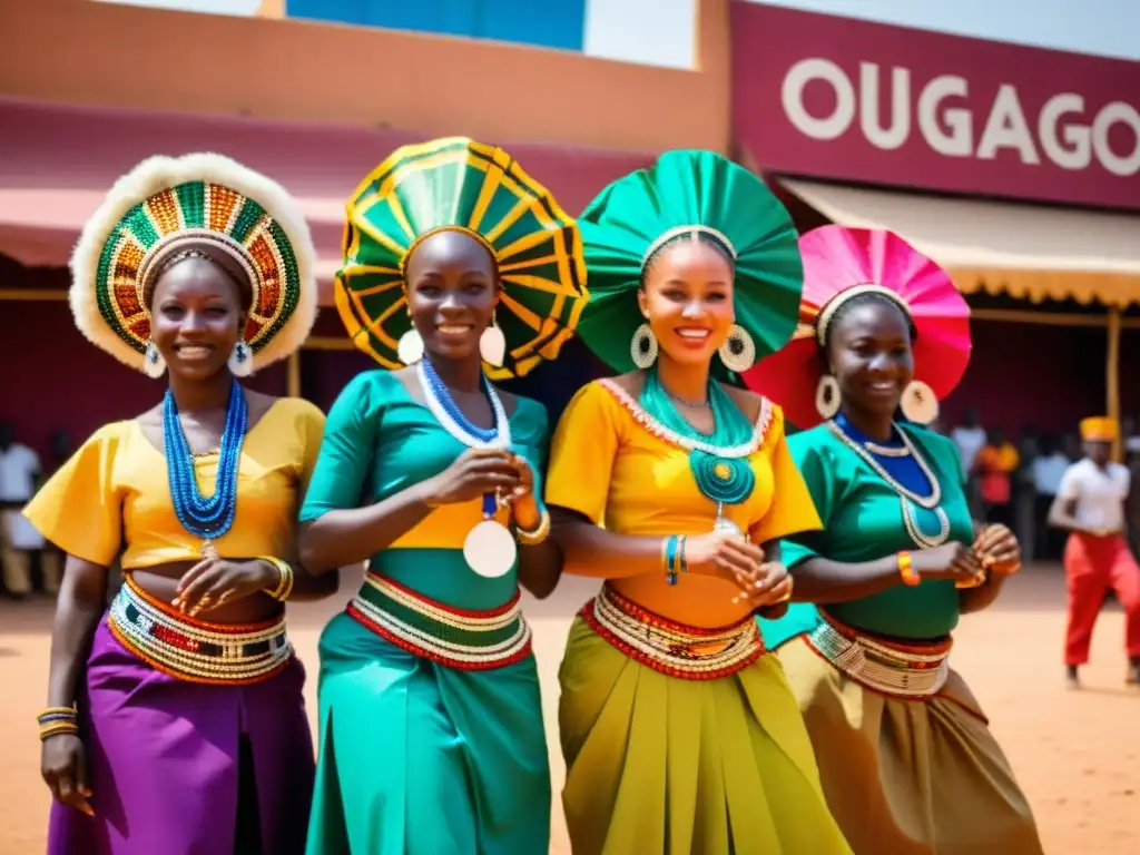 Un grupo de bailarines africanos en trajes coloridos y detallados, realizando una rutina dinámica en la bulliciosa calle de Ouagadougou