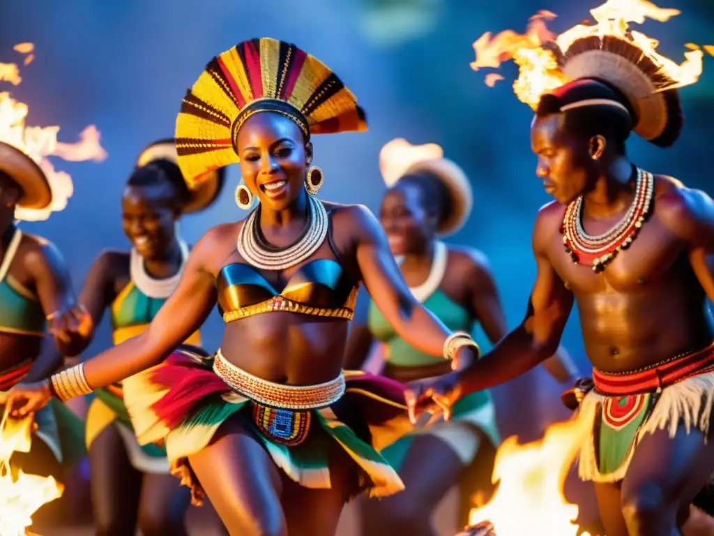 Grupo de bailarines africanos con trajes vibrantes, movimientos gráciles alrededor de una fogata