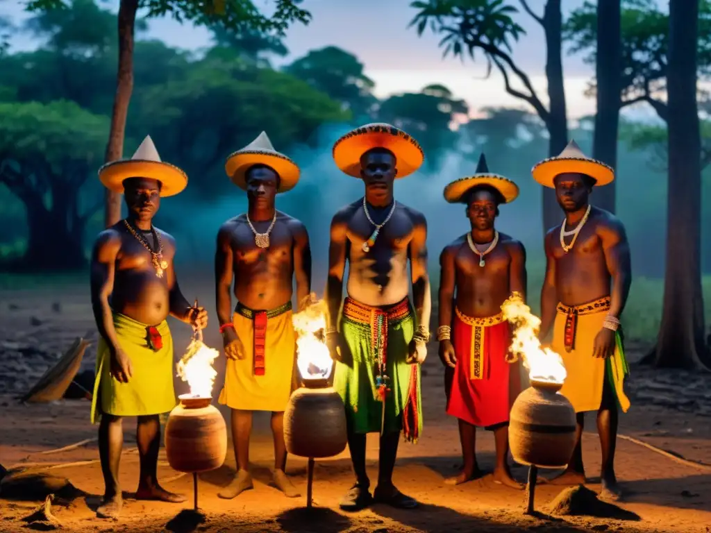 Grupo beninés practicante de Vodun realizando un ritual en el bosque al anochecer, con vestimenta tradicional y energía mística