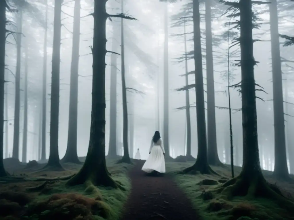 Grupo camina en bosque neblinoso, con silueta de Dama de Blanco entre árboles