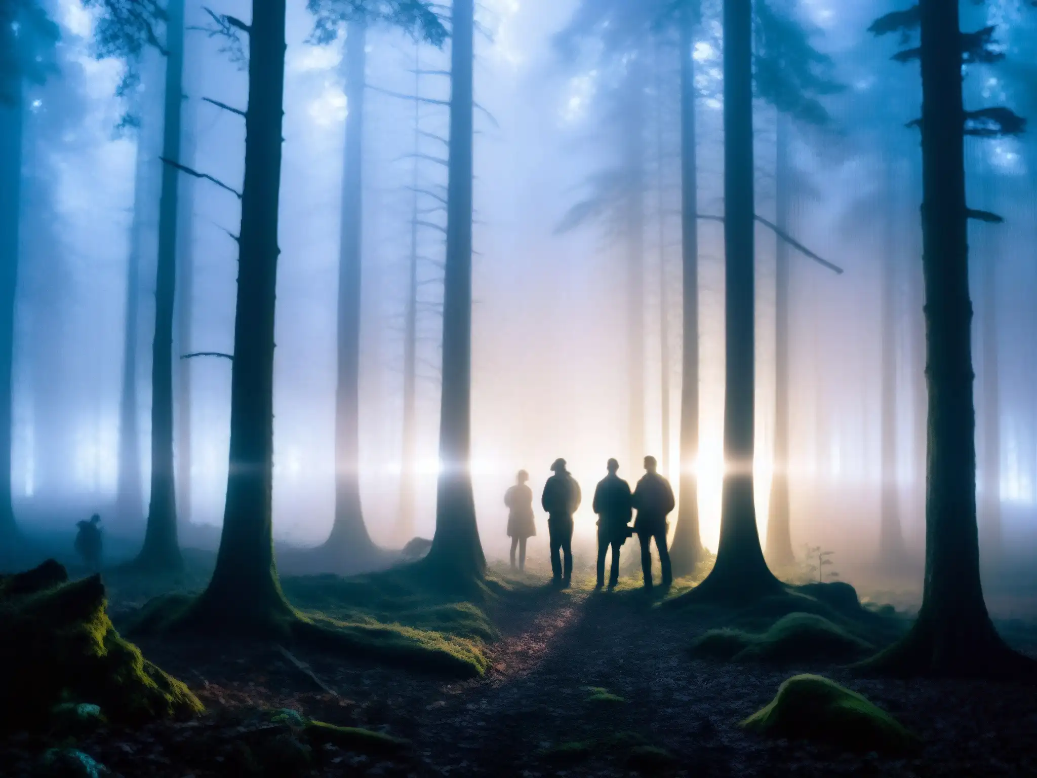 Grupo busca en bosque oscuro, con miedo y confusión